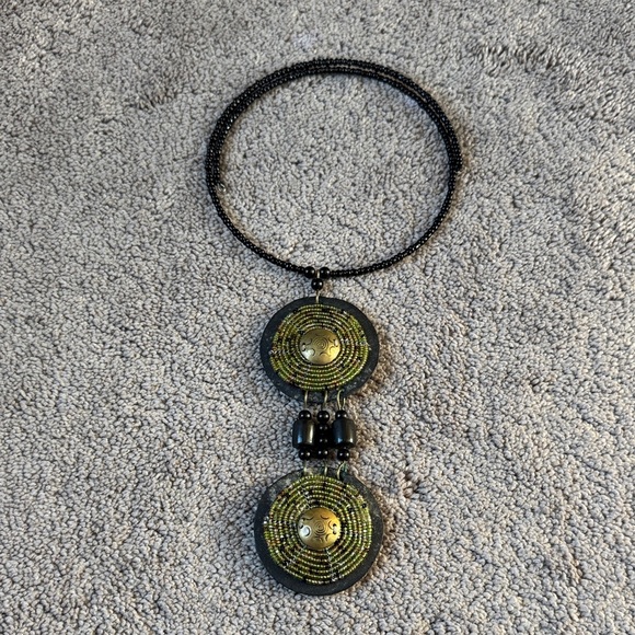 Jewelry - African Maasai Beaded Leather Statement Necklace Black Gold Tribal Pendant